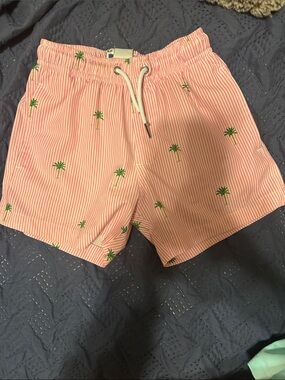 Kids Pink Striped Palm-Print Swim Trunks